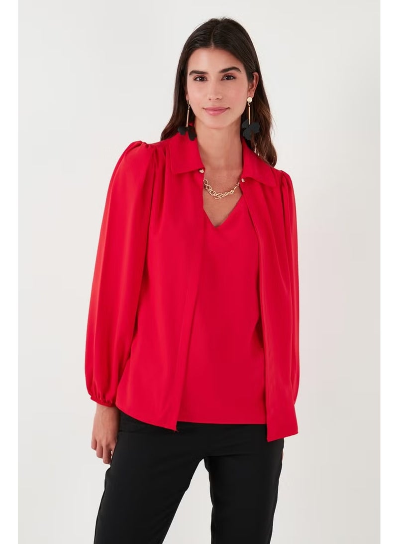 Lela Regular Fit V-Neck Balloon Sleeve Blouse Women's Blouse 611BZ0353 - Image 4